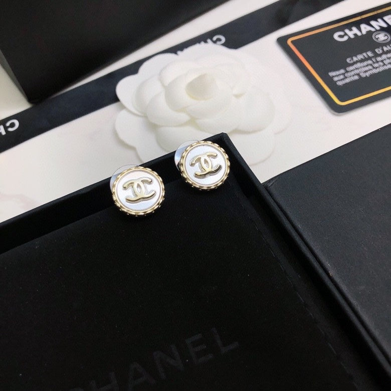 Signature Emblem Stud Earrings in Polished Metal-Tone – Red Detail – Design 002 front product view