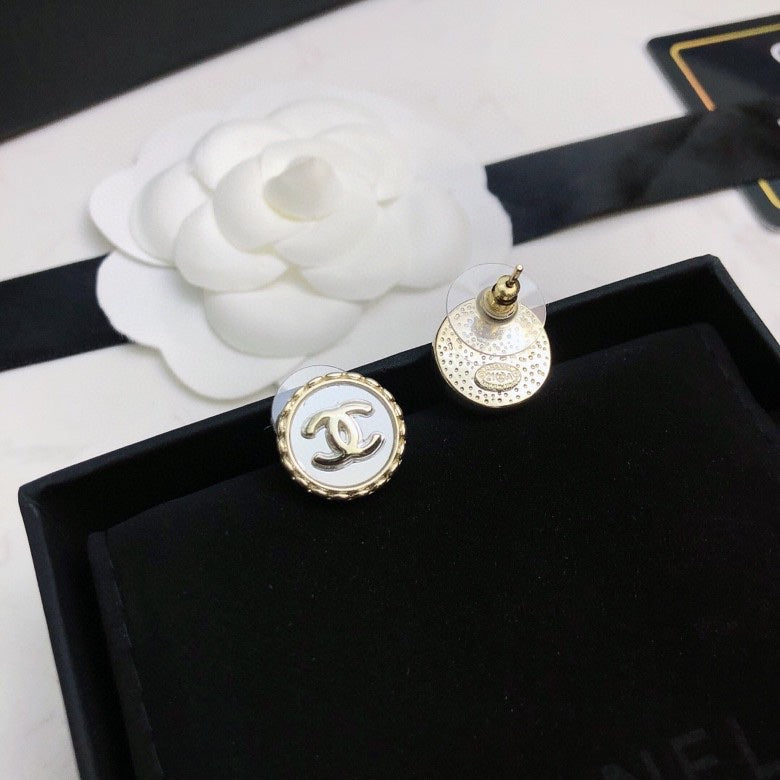 Signature Emblem Stud Earrings in Polished Metal-Tone – Red Detail – Design 002 detail view