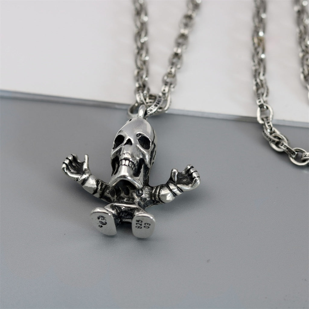 Skull Pendant Necklace in Antique Silver-Tone close-up detail