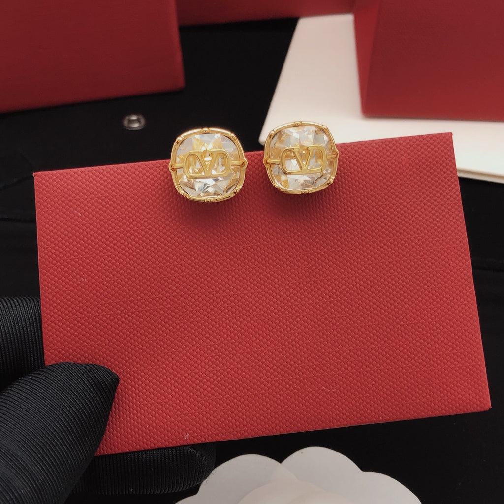 Signature Emblem Crystal-Accent Stud Earrings – White detail view