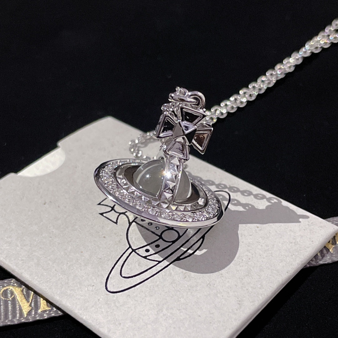 Orb Pendant Necklace in Polished Metal-Tone – Transparent Bead Detail detail view