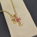 Double Cross Pendant Necklace in Metal-Tone – Pink Crystal Detail main product view