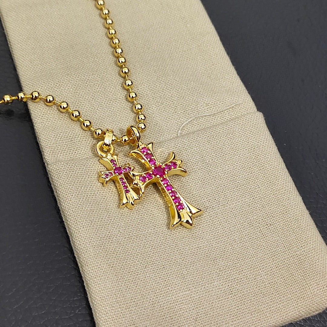 Double Cross Pendant Necklace in Metal-Tone – Pink Crystal Detail main product view