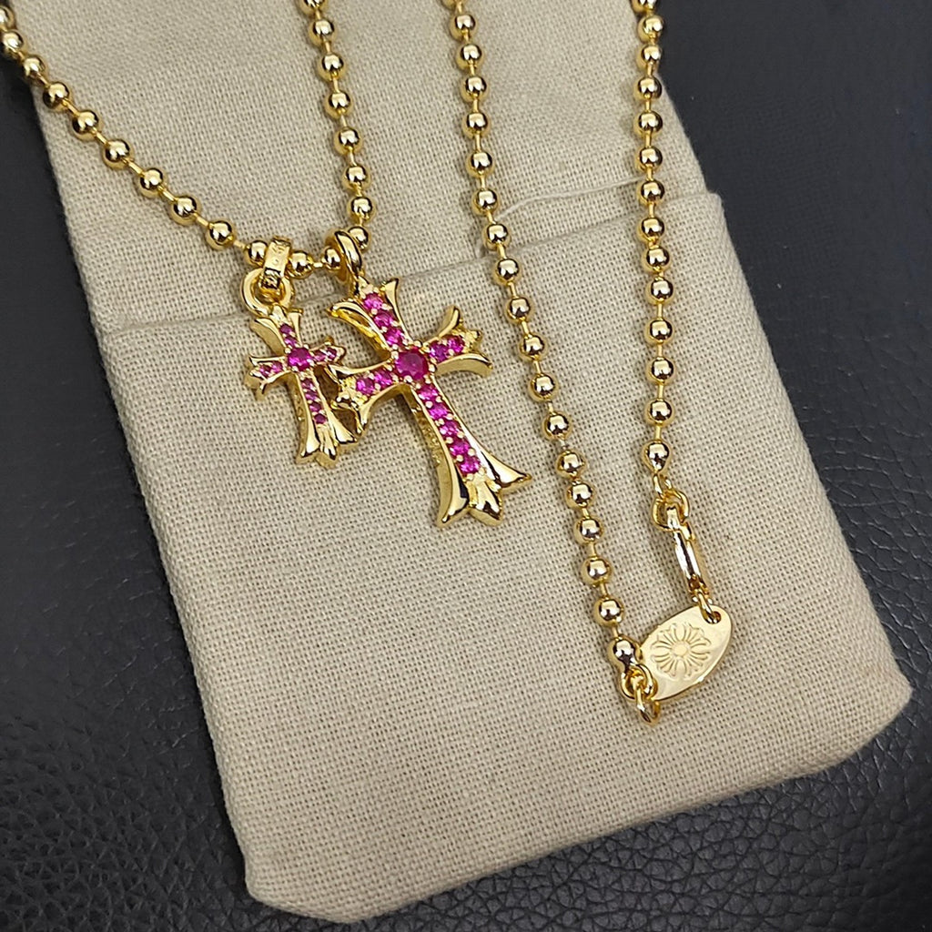 Double Cross Pendant Necklace in Metal-Tone – Pink Crystal Detail side detail