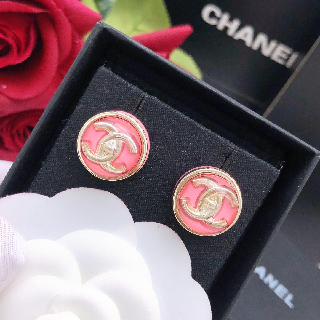 Round Stud Earrings in Gold-Tone – Red Detail – Design 002 main product view
