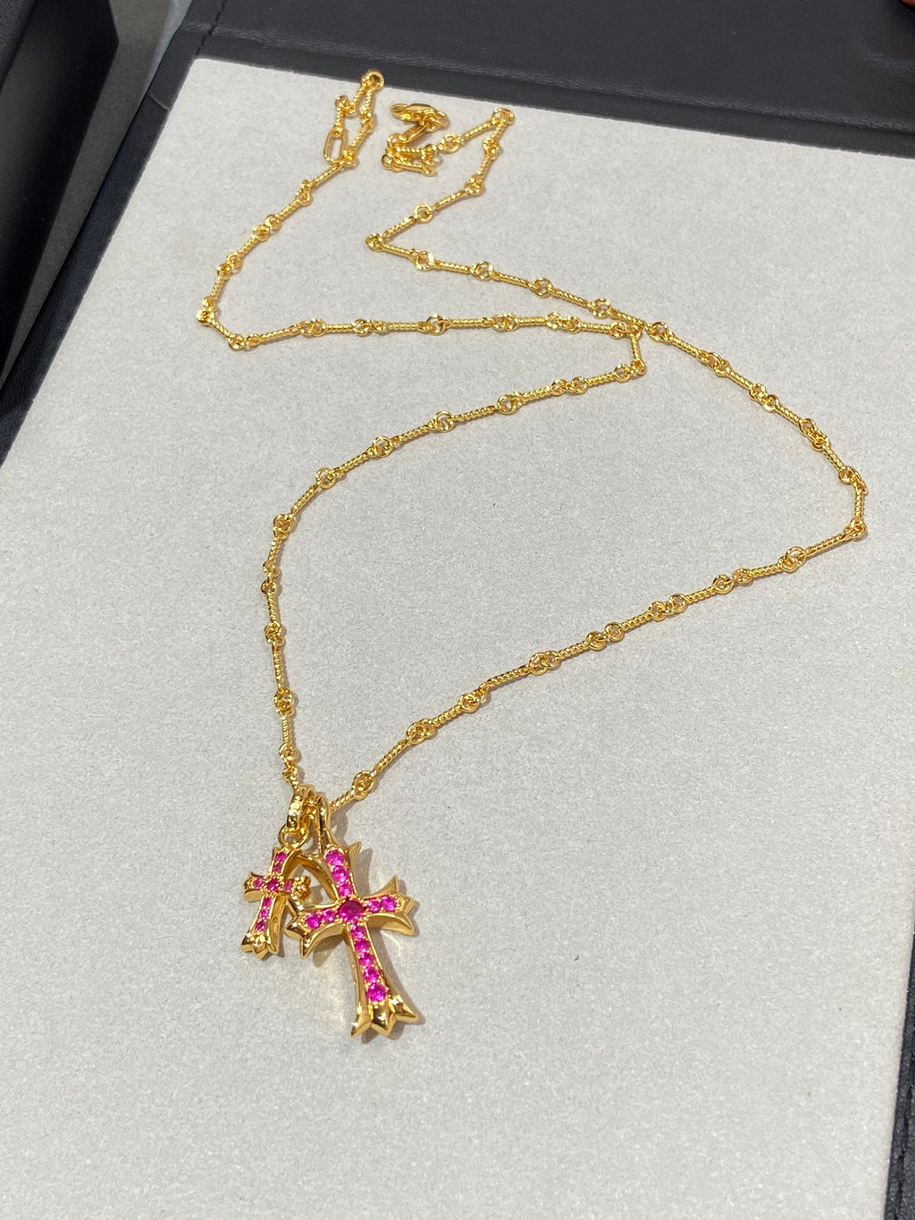 Double Cross Pendant Necklace in Metal-Tone – Design 03 front product view