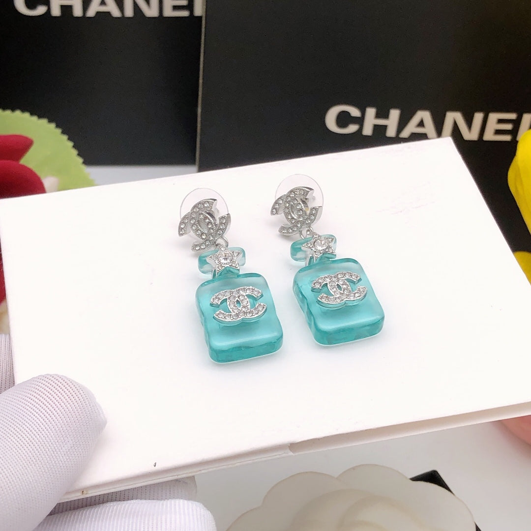 Signature Emblem Stud Earrings in Gold-Tone – Blue Detail – Design 002 front product view