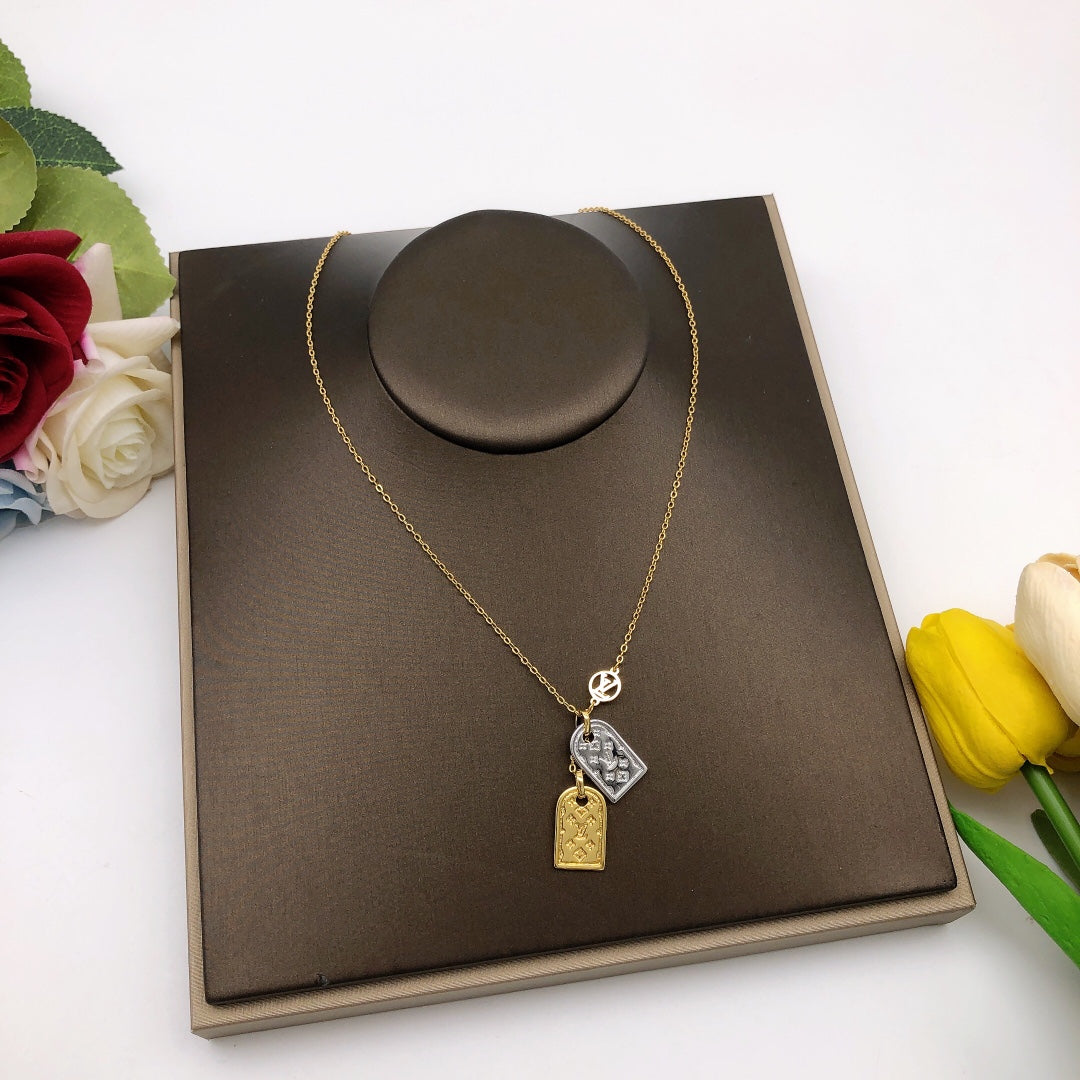 Geometric Emblem Pendant Necklace in Gold-Tone – Design 028 front product view