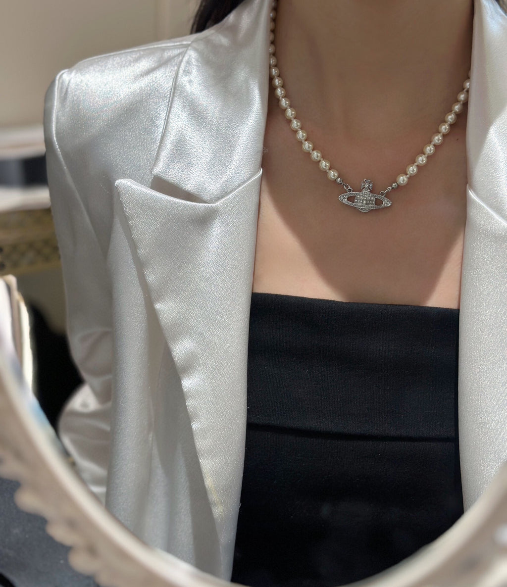 Orb Pendant Necklace in Polished Metal-Tone – Pearl Detail – Design 013 front product view