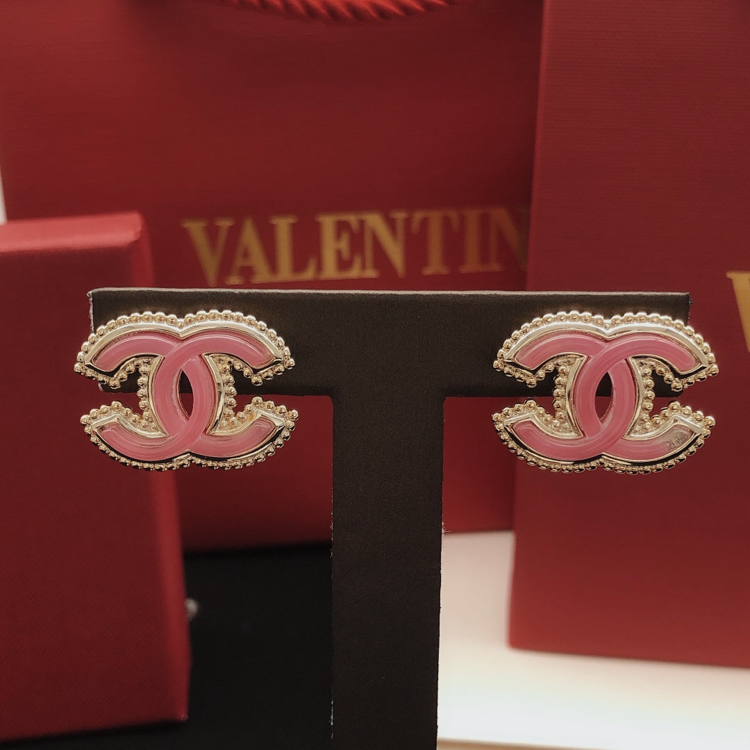 Double-C Emblem Stud Earrings in Gold-Tone – Pink Detail detail view