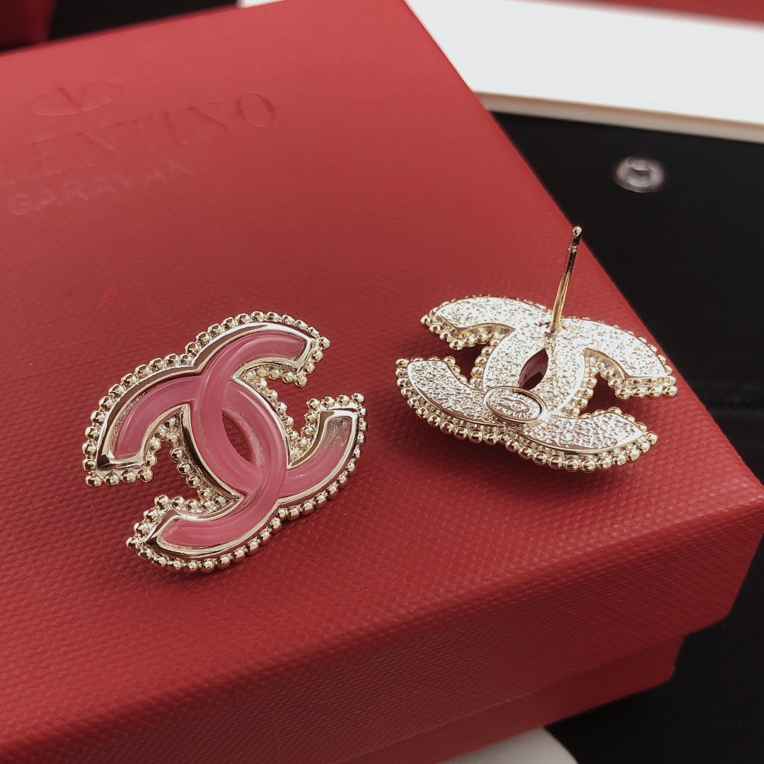 Double-C Emblem Stud Earrings in Gold-Tone – Pink Detail detail view