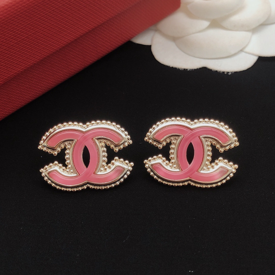 Double-C Emblem Stud Earrings in Gold-Tone – Pink Detail main product view