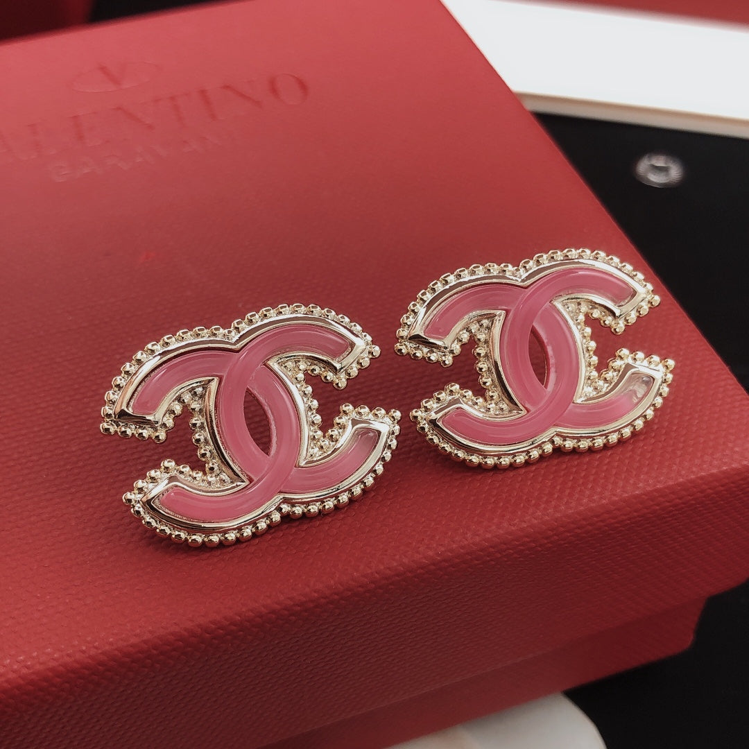 Double-C Emblem Stud Earrings in Gold-Tone – Pink Detail side detail