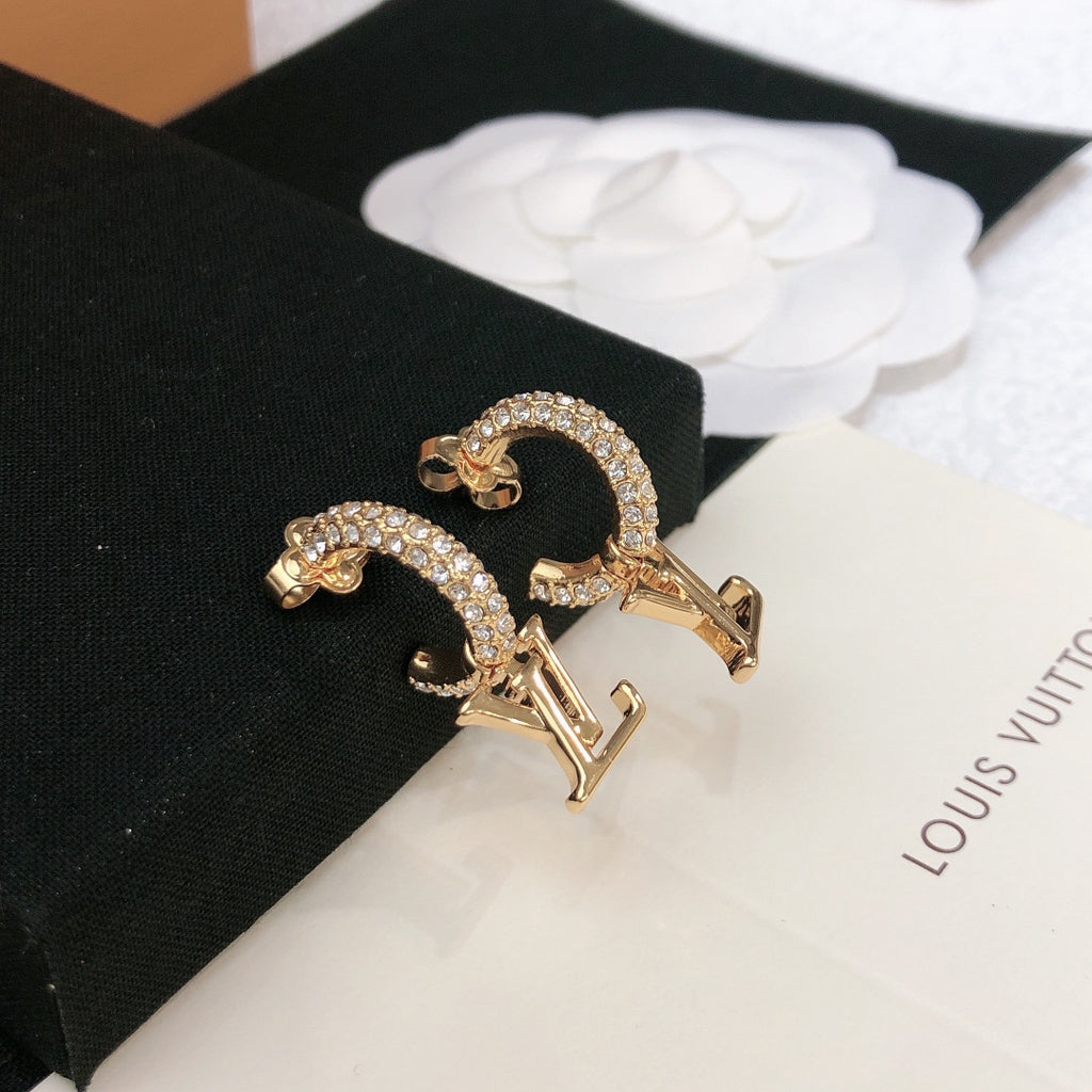 Letter Emblem Stud Earrings in Gold-Tone – Design 003 detail view