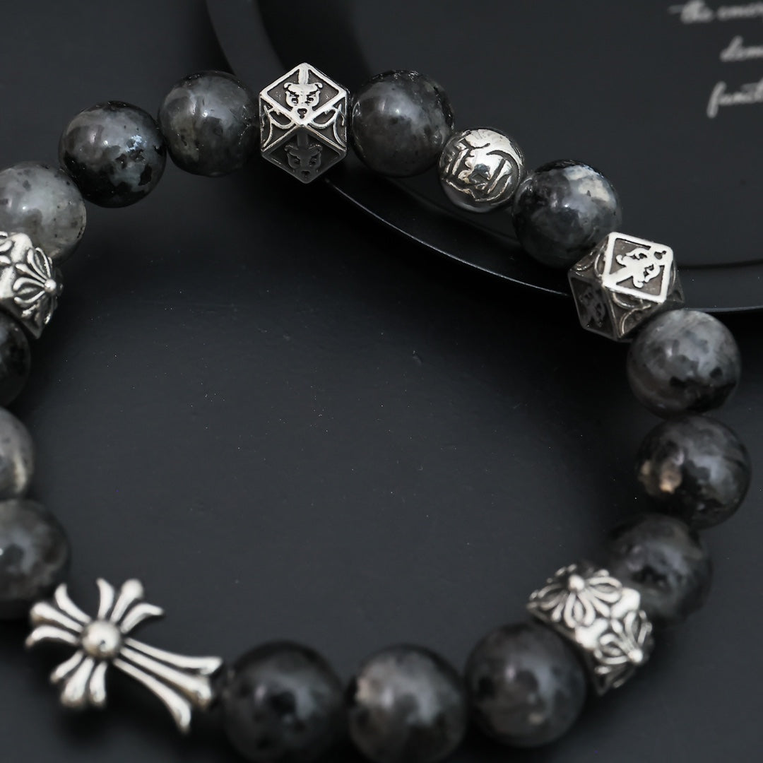 Gothic Emblem Beaded Bracelet in Antique Silver-Tone – Design 07 close-up detail