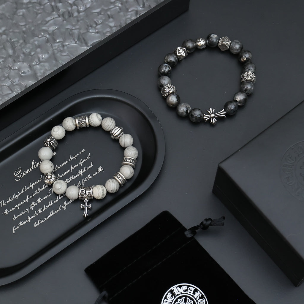 Gothic Emblem Beaded Bracelet in Antique Silver-Tone – Design 07 styled product view