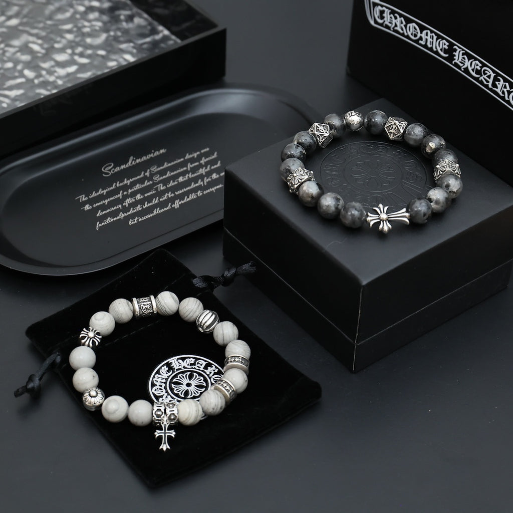 Gothic Emblem Beaded Bracelet in Antique Silver-Tone – Design 07 main product view