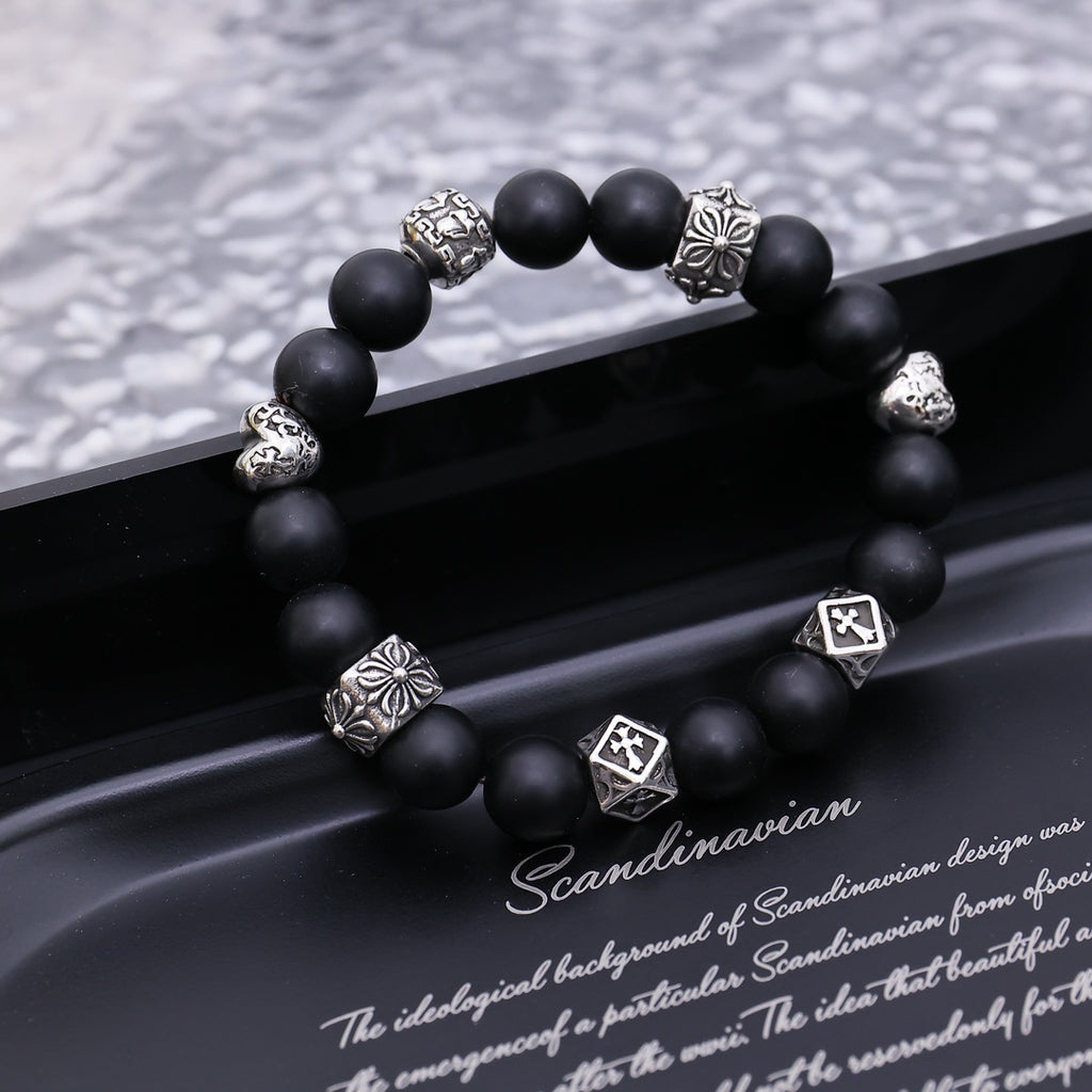 Gothic Emblem Beaded Bracelet in Antique Silver-Tone – Design 11 front product view