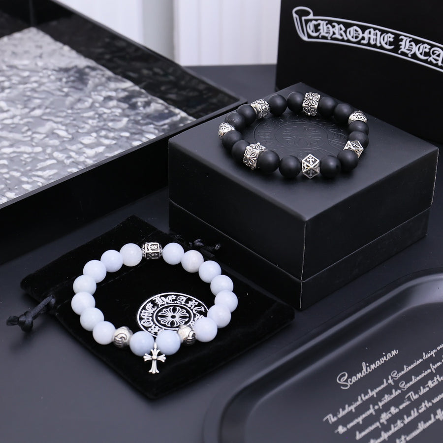 Gothic Emblem Beaded Bracelet in Antique Silver-Tone – Design 11 main product view