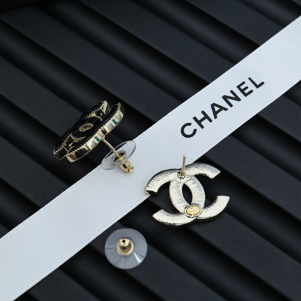 Double-C Emblem Stud Earrings in Polished Metal-Tone – Design 202 front product view