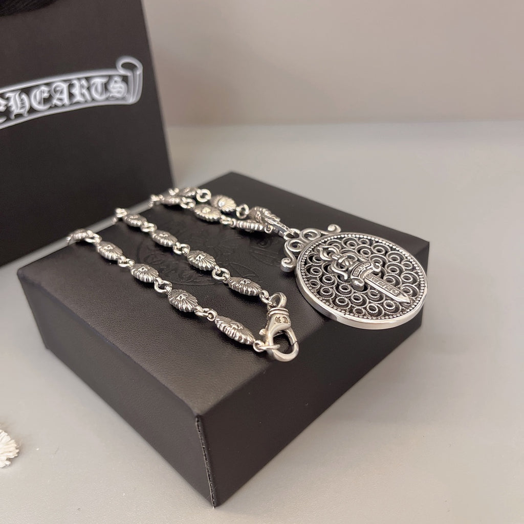 Gothic Emblem Pendant Necklace in Metal-Tone – Design 41 front product view