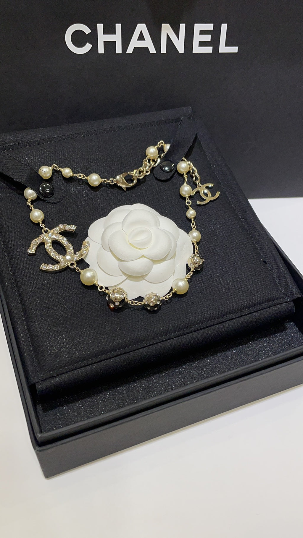 Double-C Emblem Pearl-Detail Pendant Necklace – Pearl Detail – Design 070 main product view