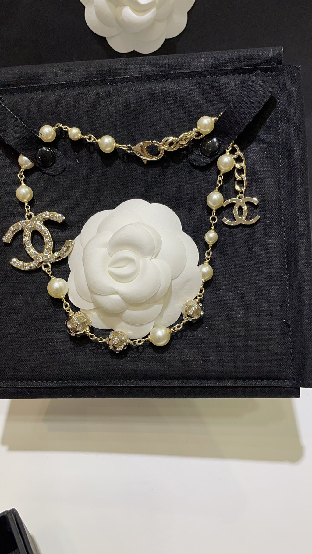 Double-C Emblem Pearl-Detail Pendant Necklace – Pearl Detail – Design 070 front product view