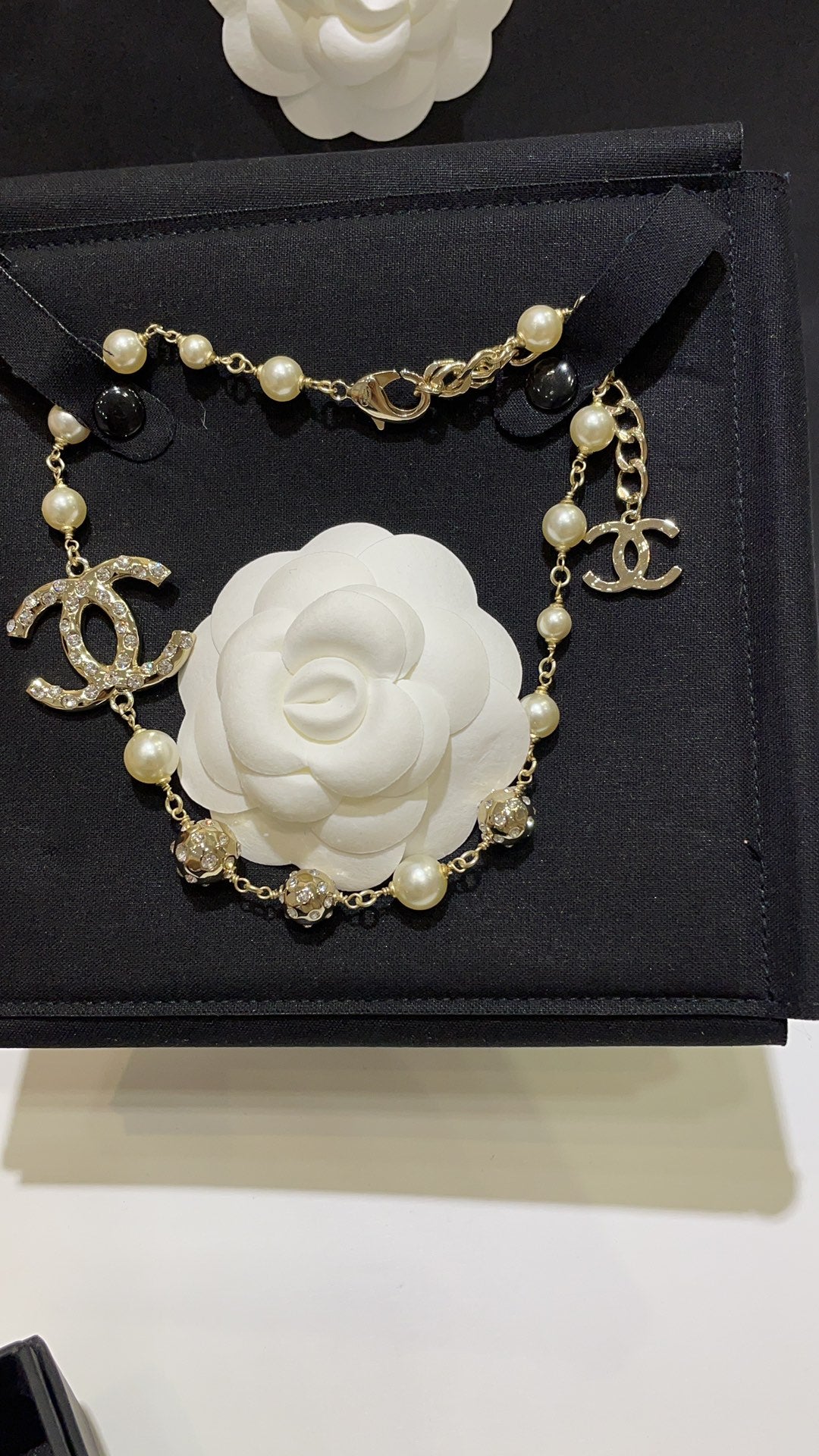 Double-C Emblem Pearl-Detail Pendant Necklace – Pearl Detail – Design 070 front product view