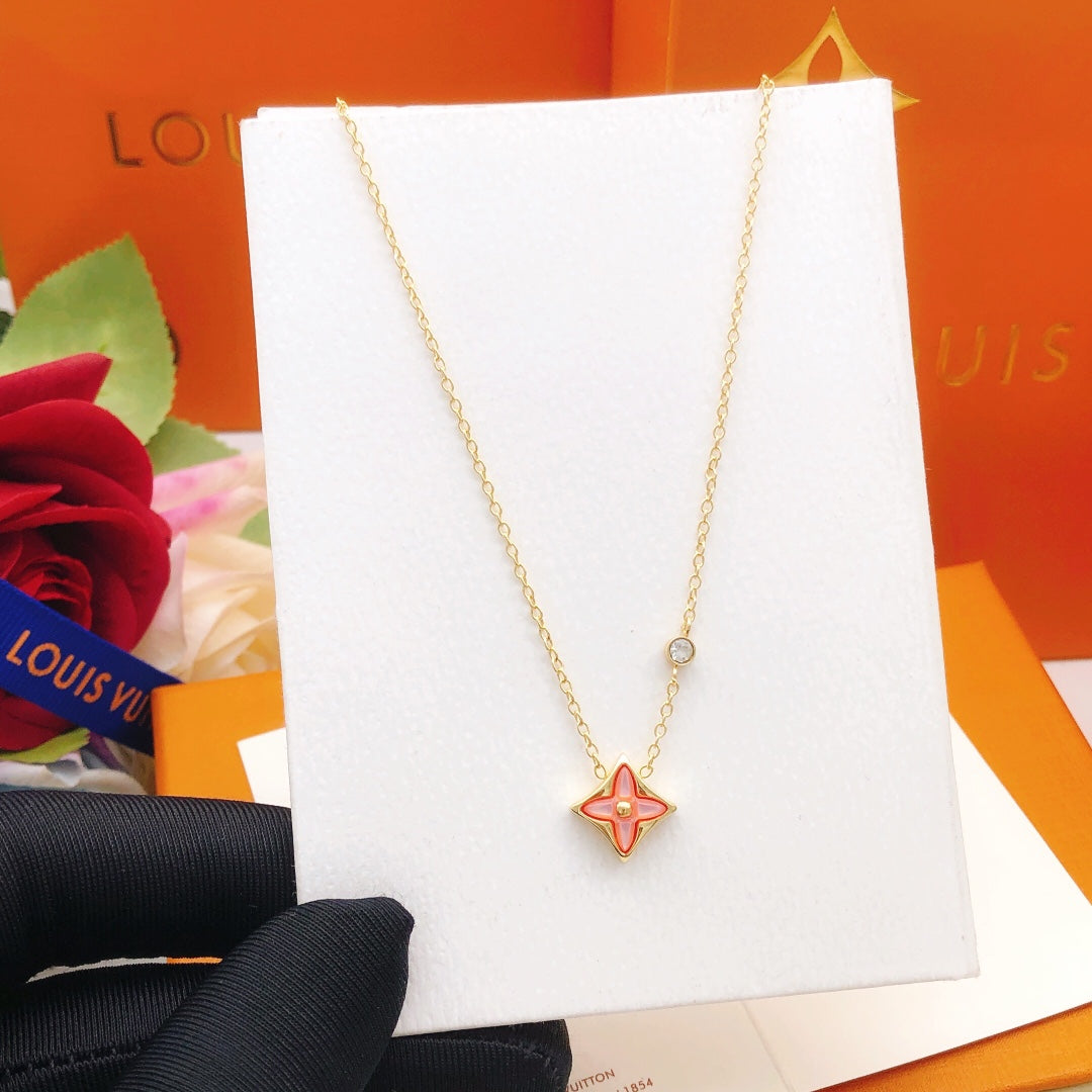 Geometric Emblem Pendant Necklace in Gold-Tone – Pink Detail – Design 003 styled product view