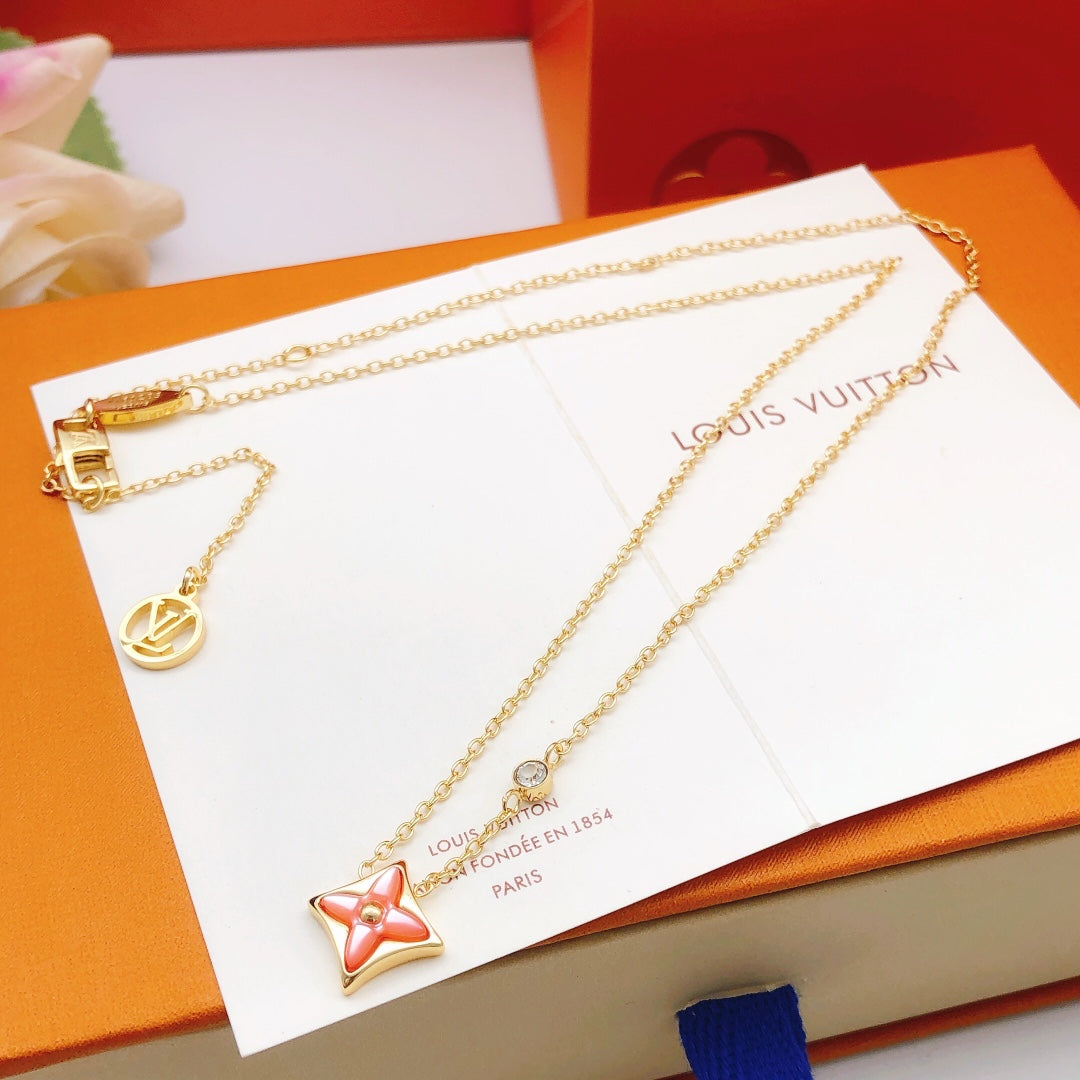 Geometric Emblem Pendant Necklace in Gold-Tone – Pink Detail – Design 003 close-up detail