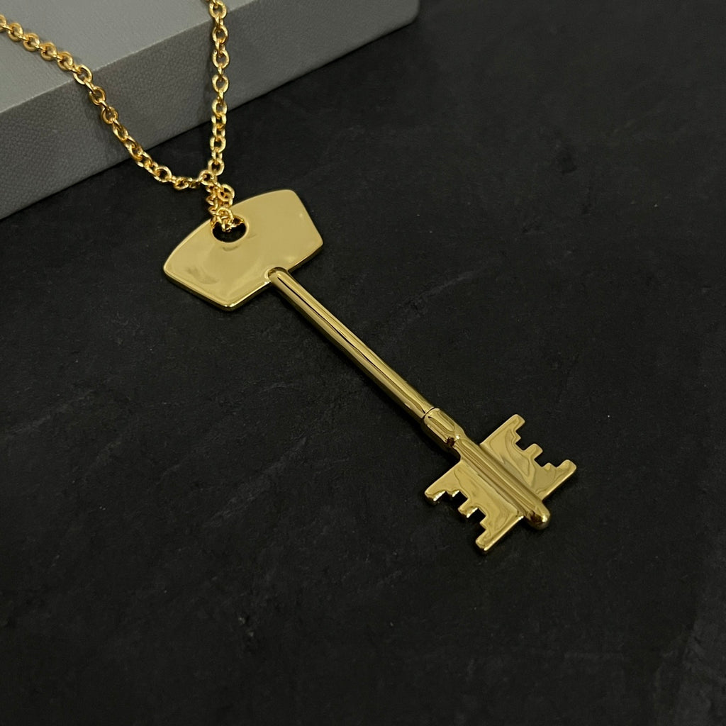 Geometric Emblem Pendant Necklace in Polished Metal-Tone – Design 085 detail view