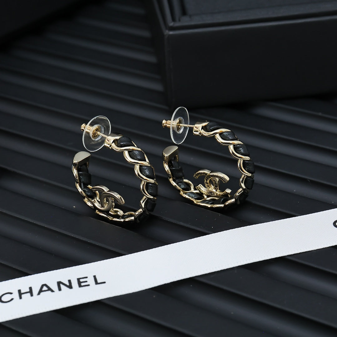 Double-C Emblem Statement Earrings in Gold-Tone – Black Detail – Design 003 main product view