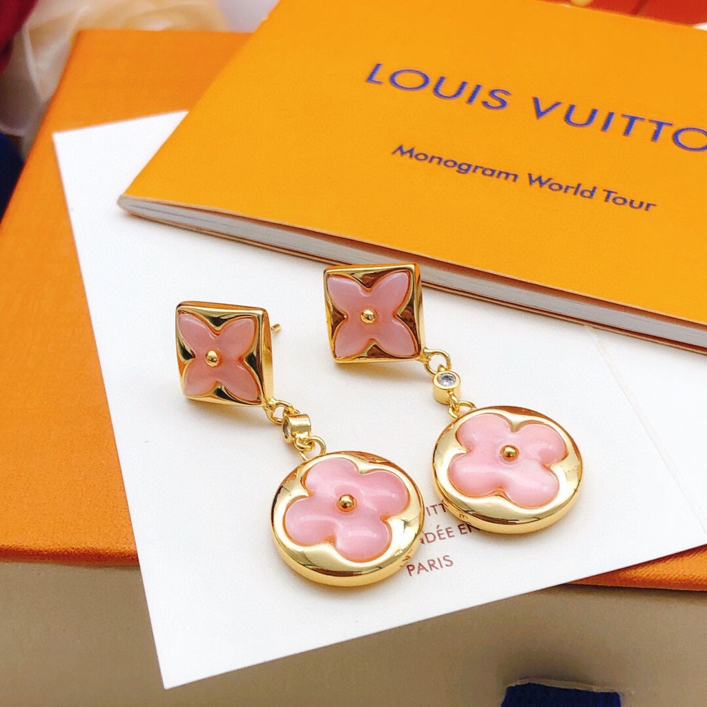 Floral Stud Earrings in Gold-Tone – Pink Detail front product view