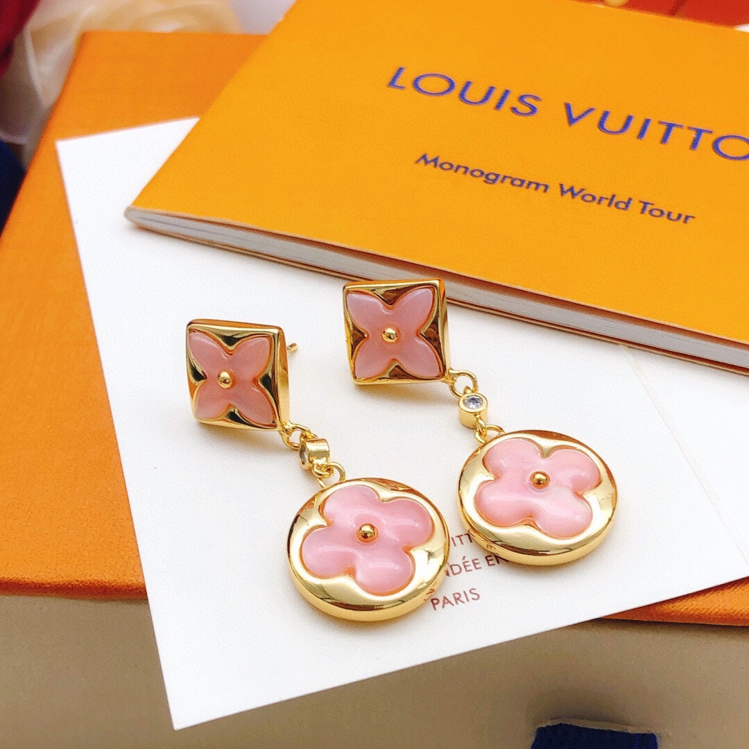 Floral Stud Earrings in Gold-Tone – Pink Detail front product view