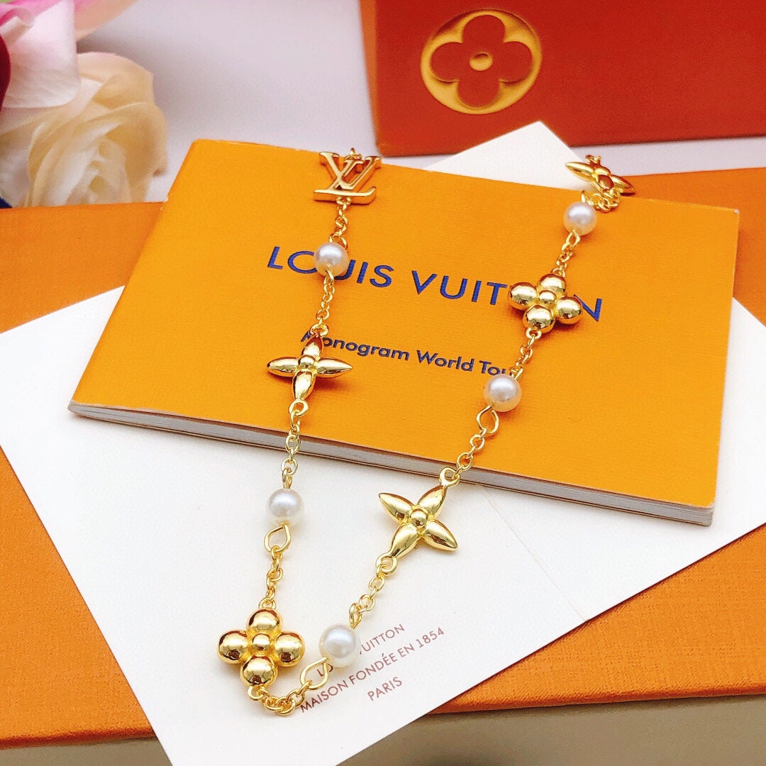 Floral Pendant Necklace in Gold-Tone – Pearl Detail front product view