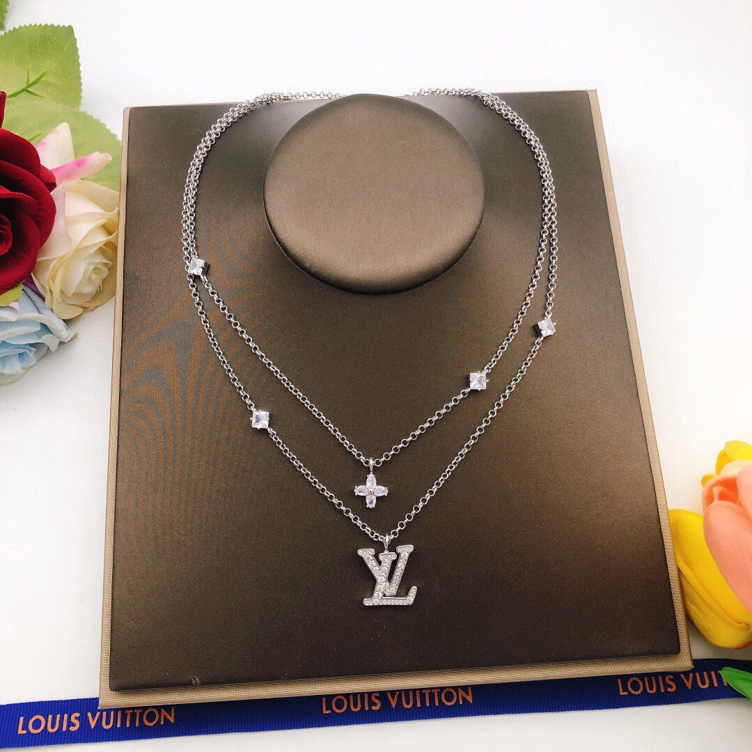 Geometric Emblem Double-Layer Pendant Necklace – Silver Detail main product view