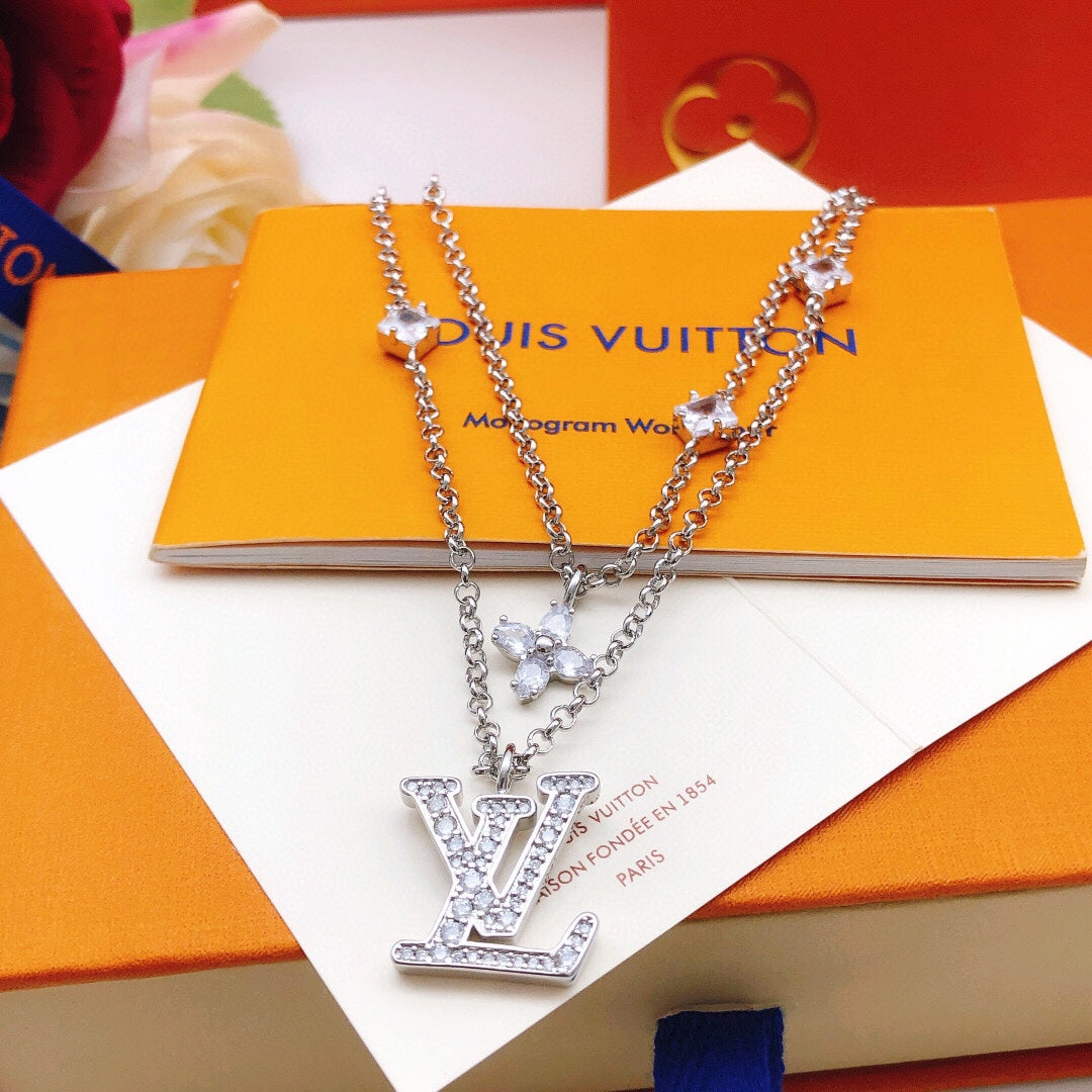Geometric Emblem Double-Layer Pendant Necklace – Silver Detail styled product view