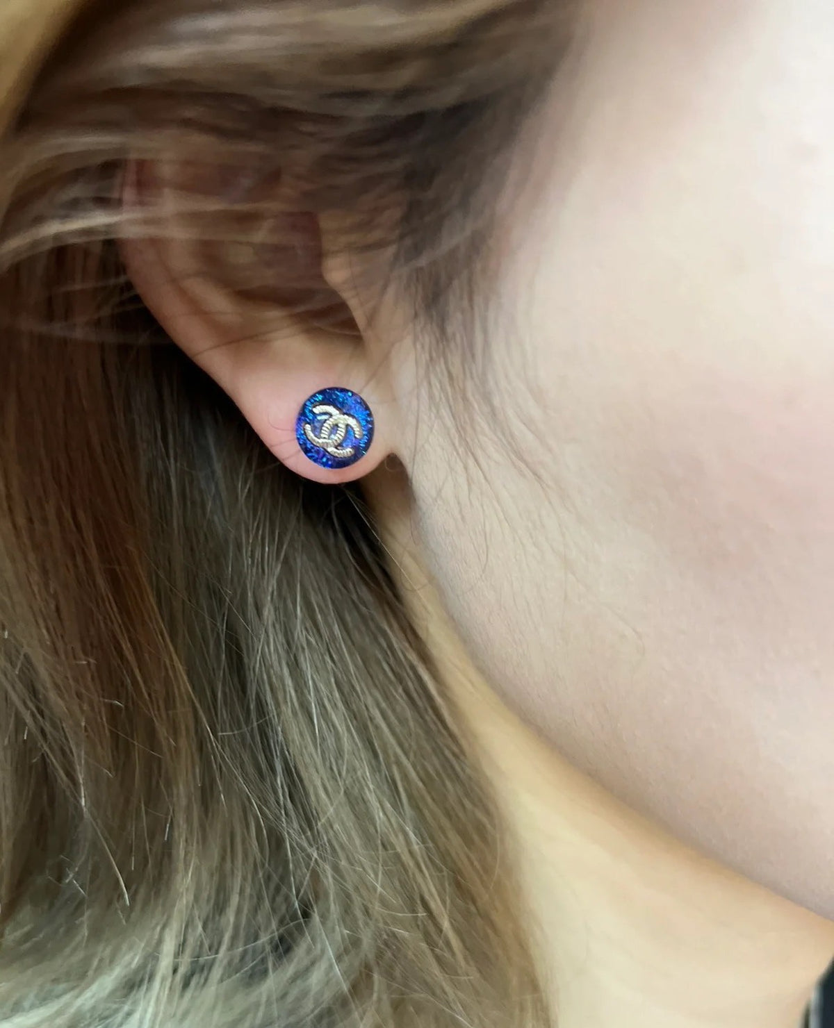Signature Emblem Stud Earrings in Polished Metal-Tone – Blue Detail main product view