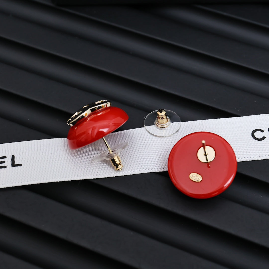Signature Emblem Stud Earrings in Polished Metal-Tone – Red Detail detail view