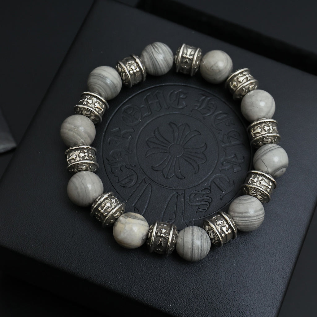 Gothic Emblem Beaded Bracelet in Antique Silver-Tone – Design 08 close-up detail