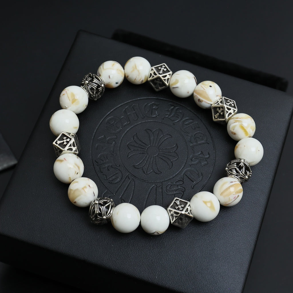 Gothic Emblem Beaded Bracelet in Antique Silver-Tone – Design 08 front product view