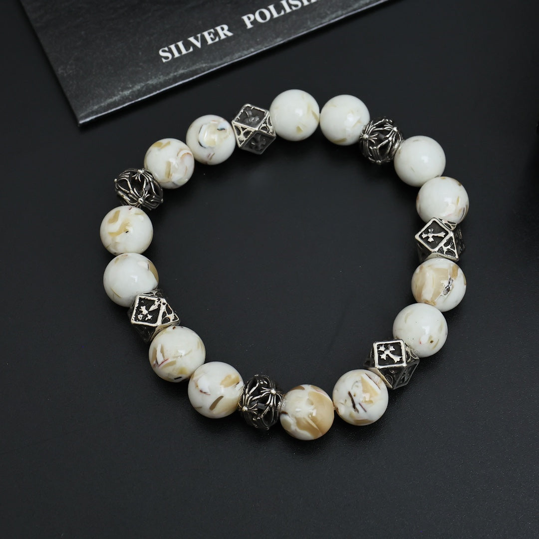 Gothic Emblem Beaded Bracelet in Antique Silver-Tone – Design 08 side detail