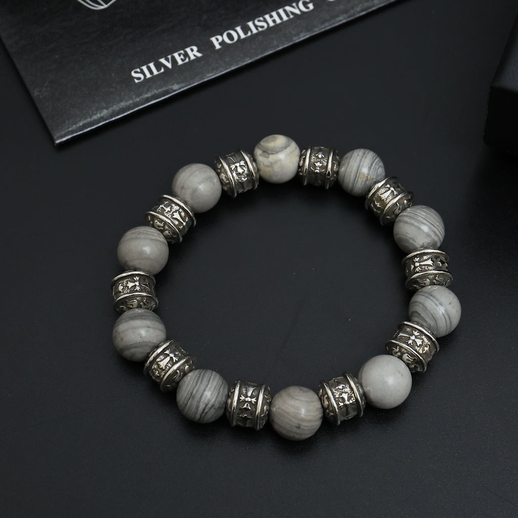 Gothic Emblem Beaded Bracelet in Antique Silver-Tone – Design 08 detail view
