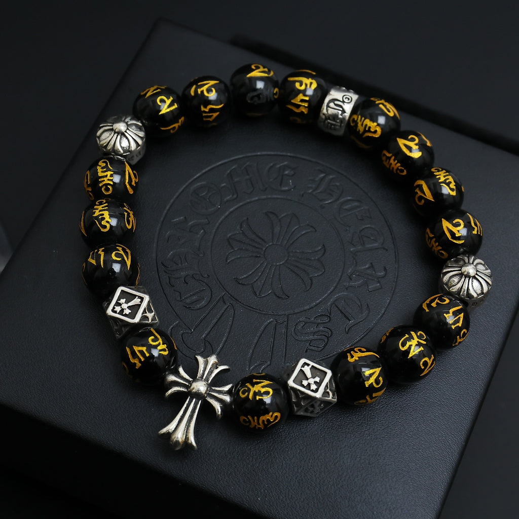 Gothic Emblem Beaded Bracelet in Antique Silver-Tone – Design 09 front product view