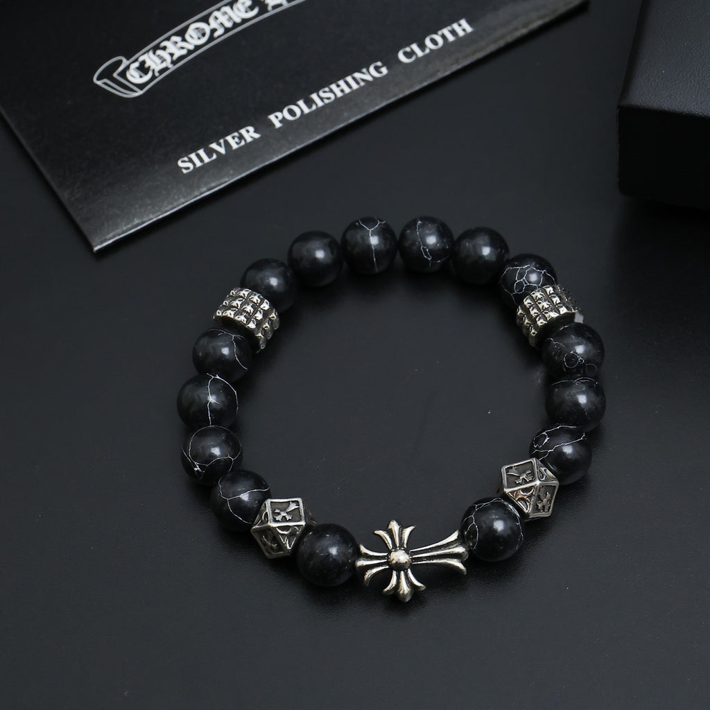Gothic Emblem Beaded Bracelet in Antique Silver-Tone – Design 09 detail view