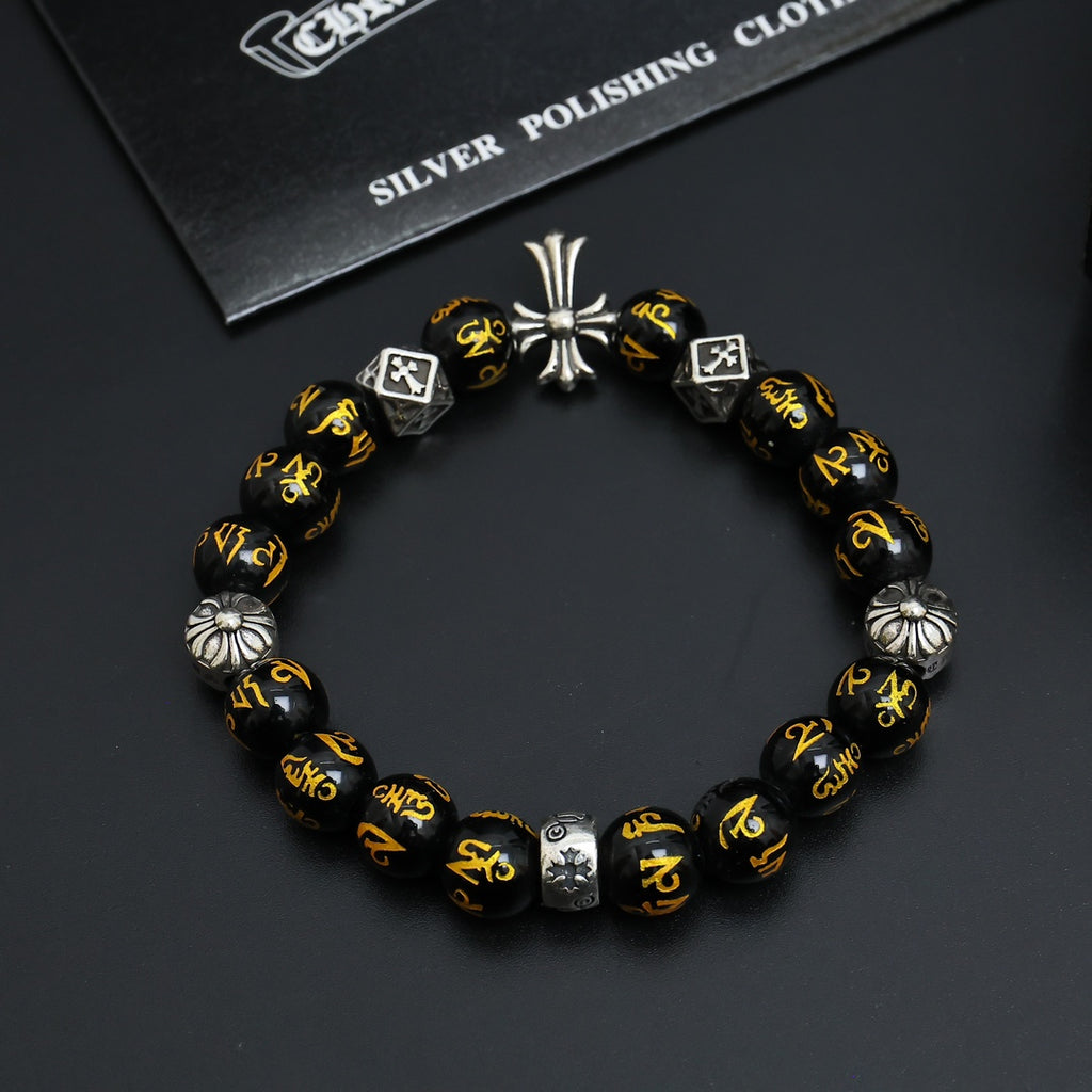 Gothic Emblem Beaded Bracelet in Antique Silver-Tone – Design 09 side detail