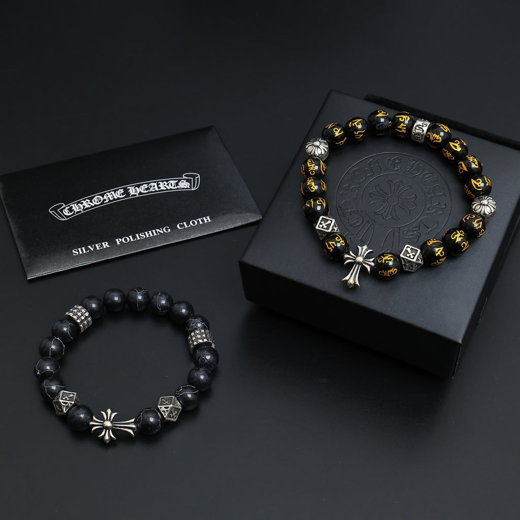 Gothic Emblem Beaded Bracelet in Antique Silver-Tone – Design 09 main product view