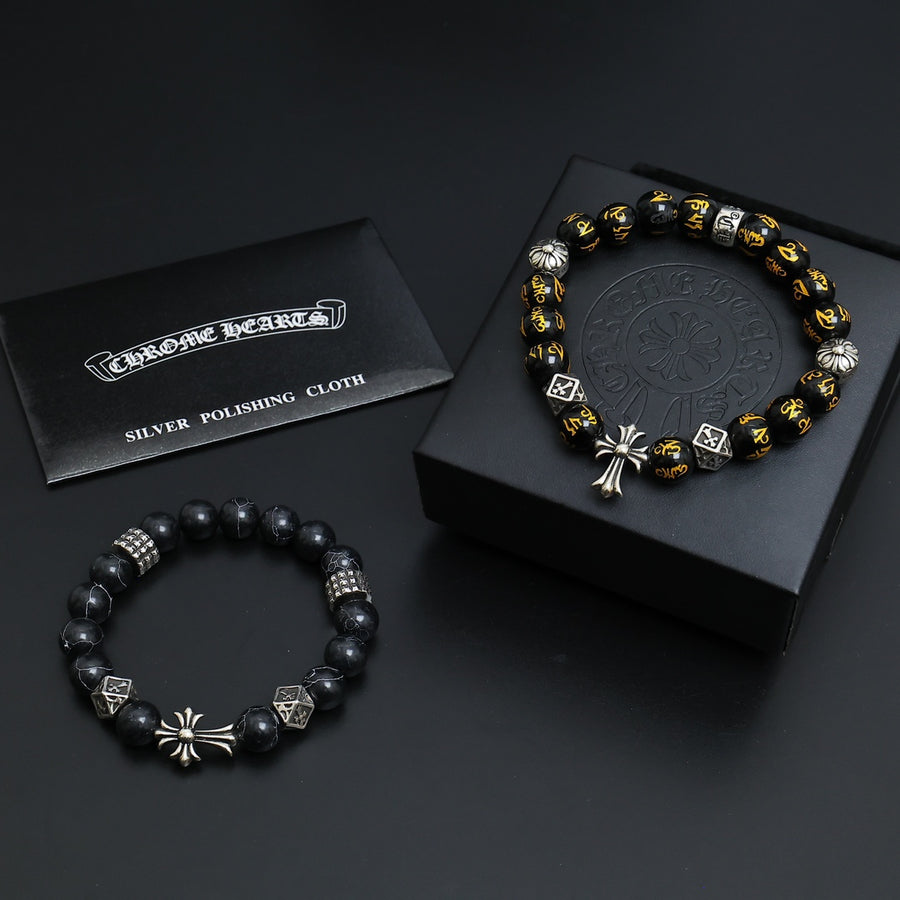 Gothic Emblem Beaded Bracelet in Antique Silver-Tone – Design 09 main product view