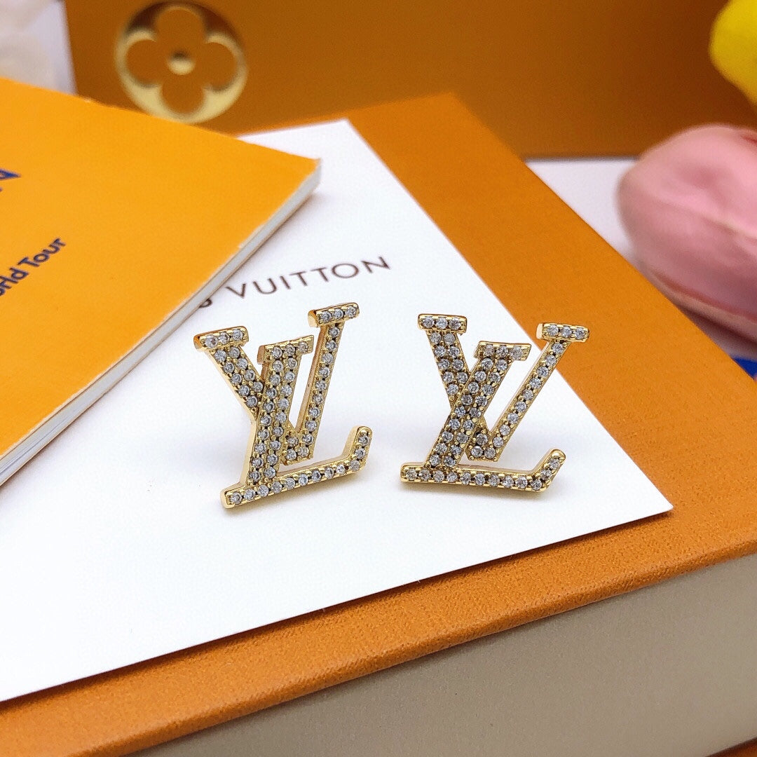 Letter Emblem Stud Earrings in Silver-Tone – Silver Detail – Design 007 front product view
