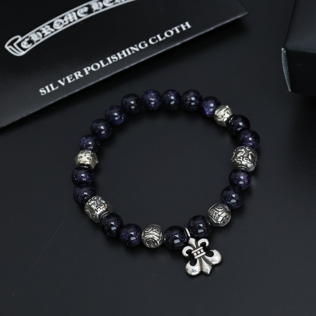 Gothic Emblem Beaded Bracelet in Antique Silver-Tone – Design 24 side detail